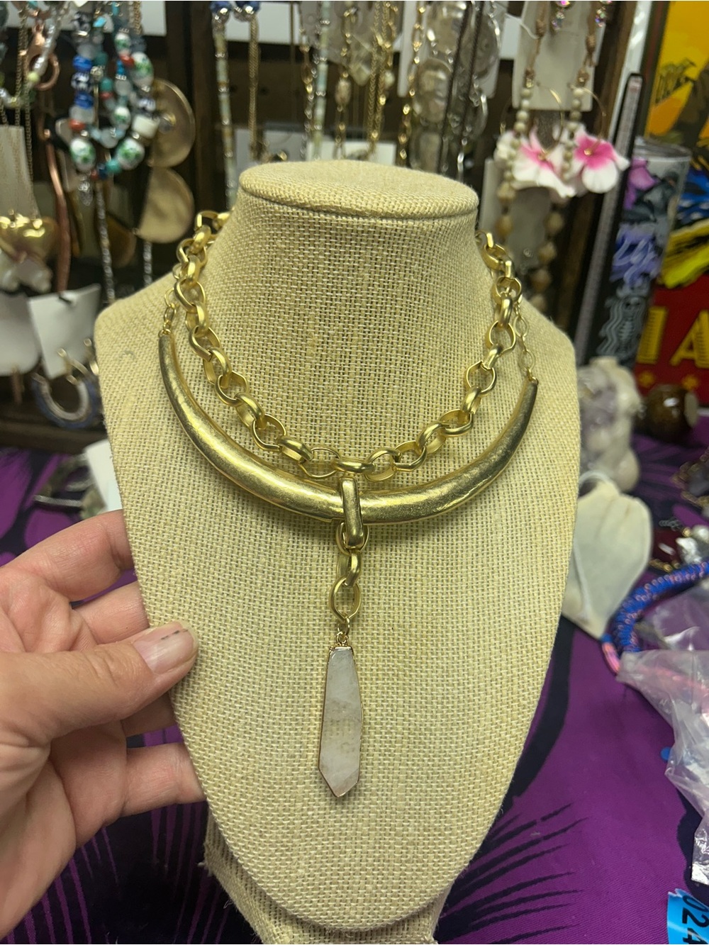 Vintage Free People Gold-Tone Statement Pendant Necklace with White Quartz Stone